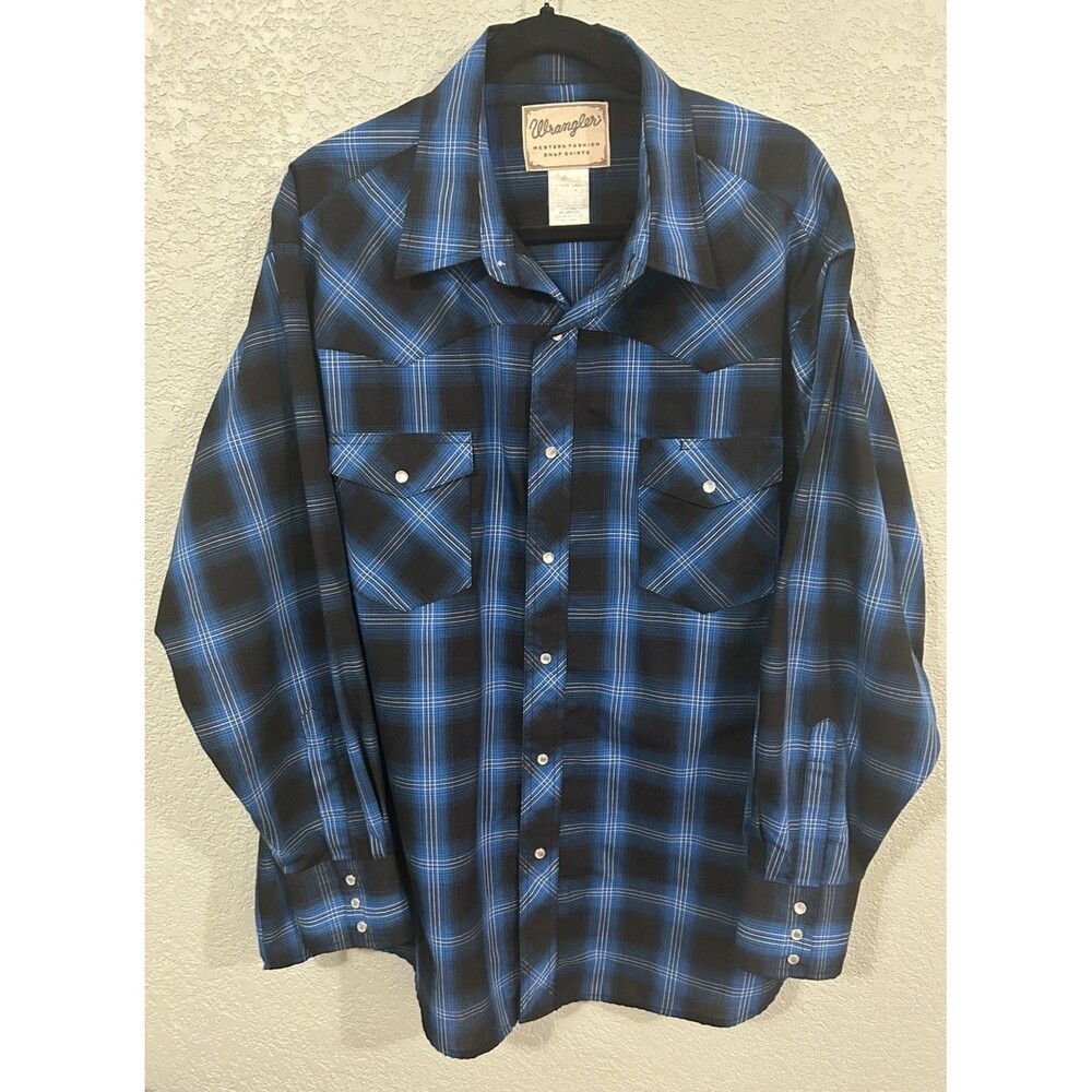 Vintage Wrangler Pearl Snap Shirt Mens 2XL Black Blue Plaid Western Cowboy